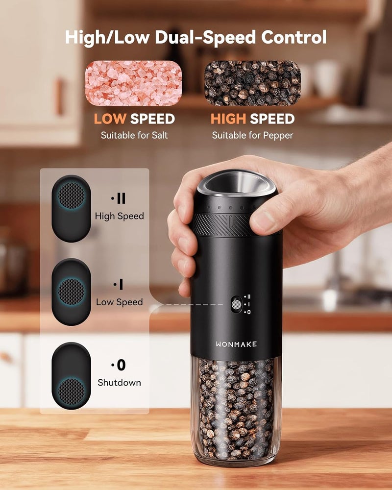 WONMAKE Gravity Electric Salt and Pepper Grinder Set with Charging Base, Automatic Salt and Pepper Mill, 6-Level Adjustable Coarseness, Dual Speed, and Large 5.95oz Capacity - Image 4